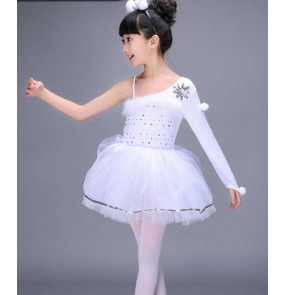 White feather one shoulder sleeves girls kids children stage performance swan lake school play leotards ballet tutu skirt dancing dresses 